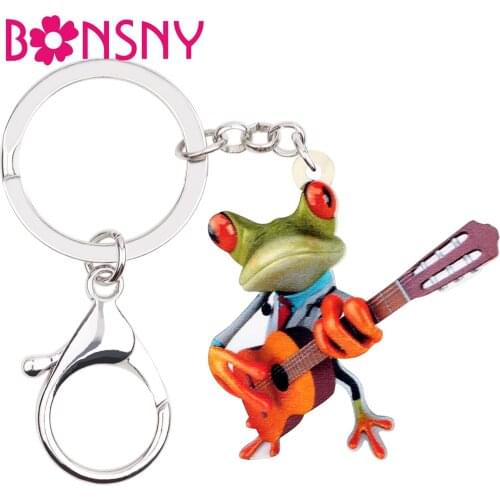 Bonsny Acrylic Cute Guitar Frog Key Chain Keychains Rings Cute Animal Jewelry Holder For Women Girls Bag Car Charms Pendant Gift