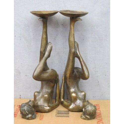 15" Western Art Bronze Copper sculpture pretty legs Nude Sexy belle candlestick 2 Garden Decoration 100% real Brass Bronze
