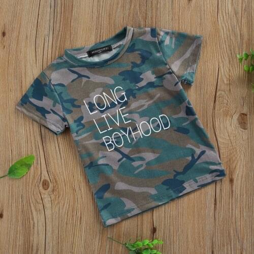 Breathable Summer Little Boys T-shirt, Creative Camouflage Letter Printing Short Sleeve Round Collar Top Children Casual Clothes