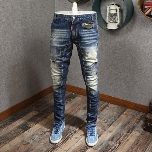 European Street Style Fashion Men Jeans Retro Blue Slim Fit Patchwork Designer Ripped Biker Jeans Men Hip Hop Denim Punk Pants