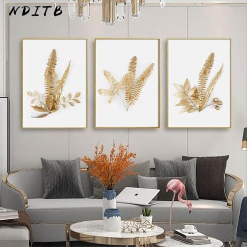 Golden Plant Leaf Canvas Painting Botanical Poster Nordic Wall Art Print Luxury Style Picture Simplicity Home Living Room Decor