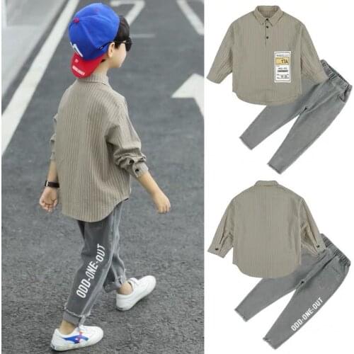 Baby boys 2-piece-sets 4-13 years old kids clothing childrens Striped patch shirt+jeans Personalized design spring and autumn