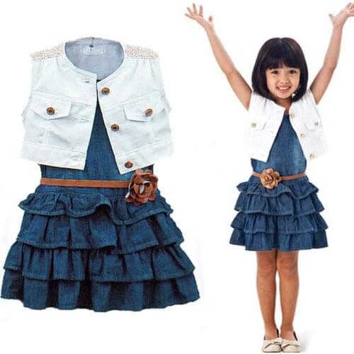 Girls Suit Summer Sleeveless Denim Dress + Solid Color Sleeveless Vest + Flower Belt Three-piece Suit Boutique Kids Clothing