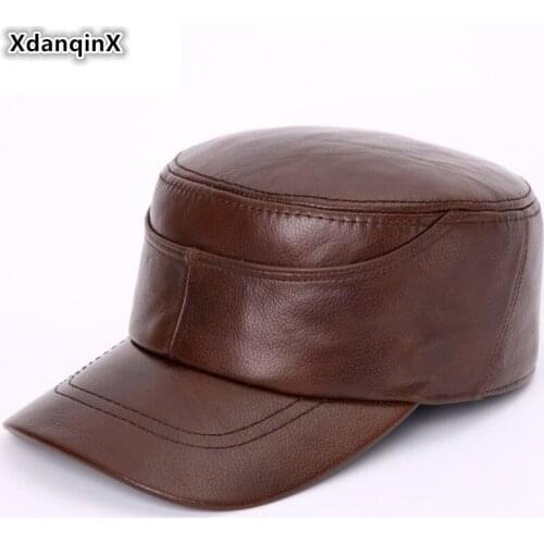 XdanqinX Men Real Genuine Leather Hat Mens Army Military Hats Autumn Winter Men Flat Caps Adjustable Size Cowhide Leather Cap