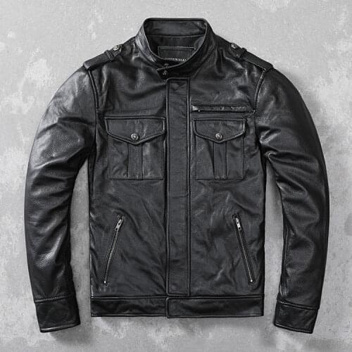 2021 Men Autumn Winter New Cowhide Motorcycle Leather Coats Men Stand Collar Slim Outwear Male Genuine Cow Leather Jackets W614