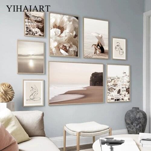 Nordic Sunset Beach Poster Print Boho Style Canvas Painting Village Photography Seascape Wall Art Picture Living Room Decoration