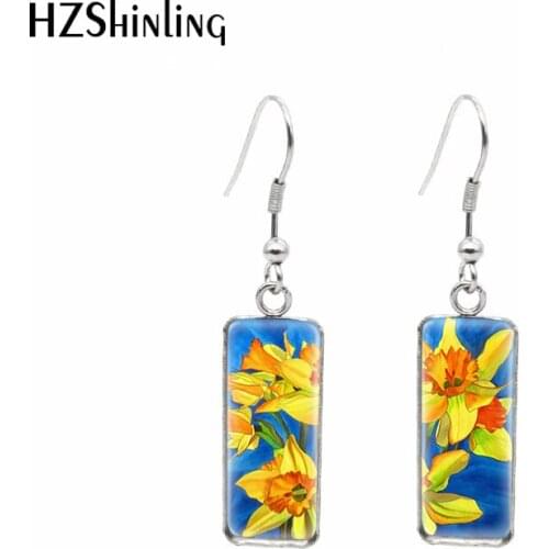 2021 New Spring Daffodil Rectangular Earring Abstract Painting Fish Hook Earrings Glass Cabochon Handmade Jewelry