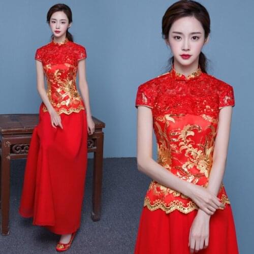 New Cheongsam Dress Women Red Lace Cheongsams Sequins Chinese Wedding Dresses Two Pieces Long Robes Qipao