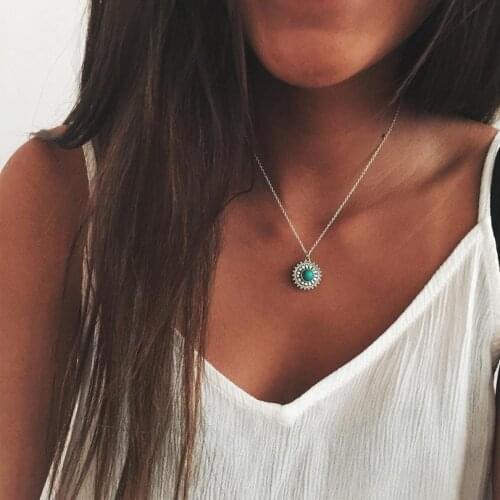 Turquoises Stone Pendant Necklace Metal Sun Flower Charms Chains Necklace For Women Temperament Wedding Fashion Jewelry