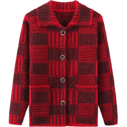 Plus size Middle-aged women Sweater Cardigan Long Sleeve Autumn Winter Thicken Warm Sweaters Plaid Casual Sweaters Outerwear 4XL