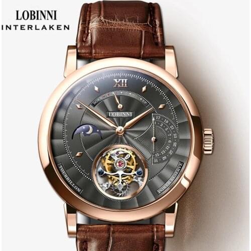 LOBINNI Top Brand Luxury Mechanical Watch Real Tourbillon Men Watch Sapphire Glass Moon Phase Multifunctional Mechanical Watch