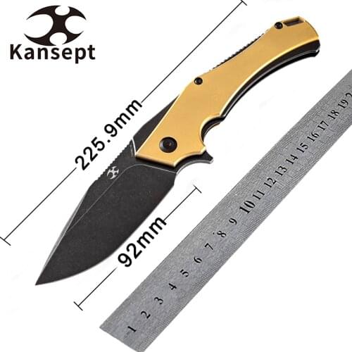 Kansept Folding Knives T1008B2 HELLX 3.6'' D2 Blade Brass Handle Pocket Knife Multi-tool for Hunting,Camping