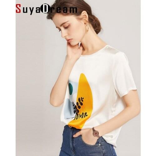 SuyaDream Women Floral T Shirt Real Silk Satin O Neck Short Sleeves White Tee 2021 Spring Summer Simple Top