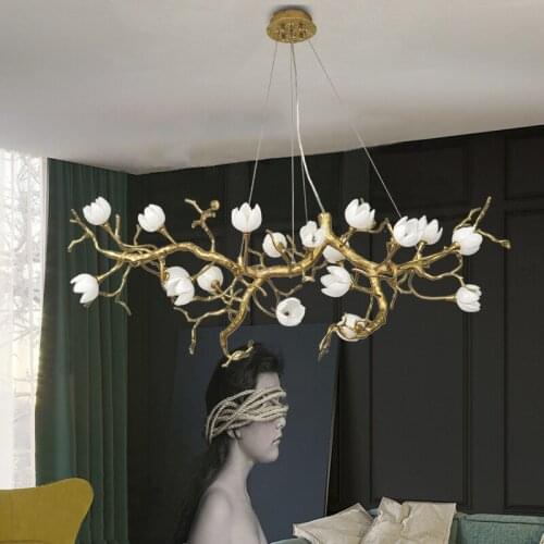 LED bronze chandelier lamp white flower creative copper branch living room bedroom dining room hanging lighting indoor decor