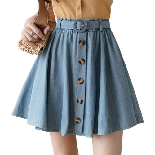 New 2021 Denim Women Mini Skirt Korean High Waist Ball Gown Skirt Summer Elegant Single Breasted Blue Faldas Mujer Moda A347