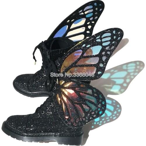 Spring Ladies Flats Laser Shoes Silver Short Boots Big Butterfly Wings Fashion Side Zipper Booties Special Custom Made Shoes