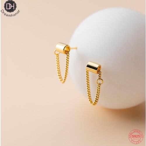 Dreamhonor Solid 925 Sterling Silver Summer Short Chain Gold Round Tube Stud Earrings For Women Jewelry Wholesale