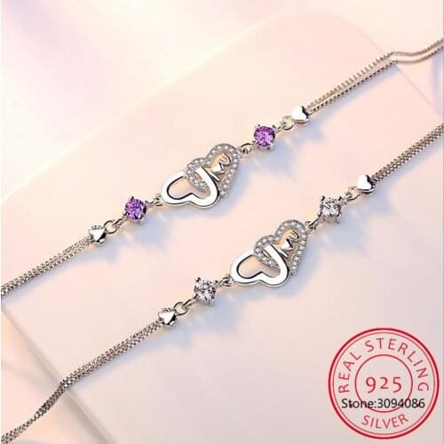 925 sterling silver new jewelry high quality fashion woman heart-shaped purple cubic zirconia simple bracelet length 20CM