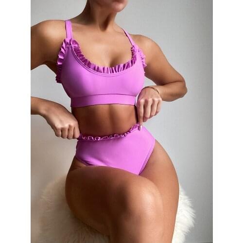 Summer 2021 New Womens Scalloped String Triangle Two Piece Bikini Swimwear Swimsuit Set Purple Black