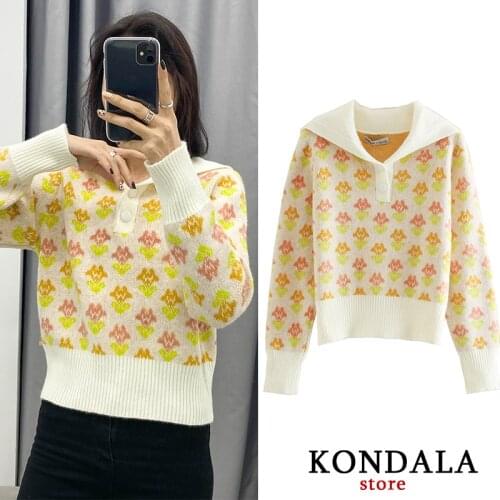 KONDALA Women Sweater Wool Za 2020 Casual Floral Print Scarf Collar Sweaters Female Long Sleeve Button Soft Winter Pullovers Top