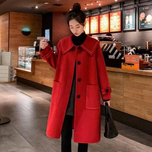 Women 2021 Autumn Winter Double-faced Cashmere Long Coat Female Elegant Turn Down Collar Warm Woolen Coats Casaco Feminino A325
