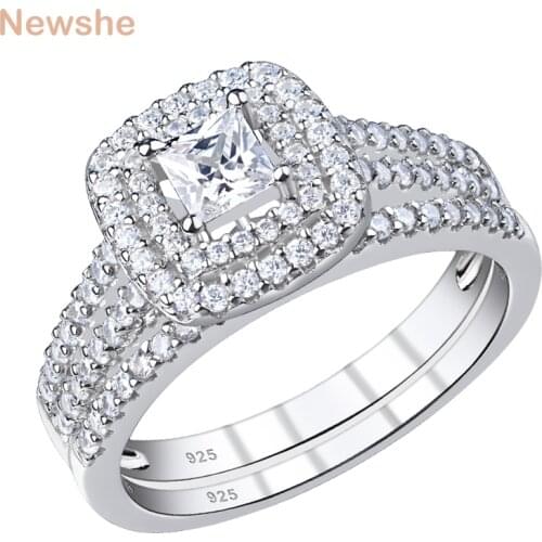 Newshe Solid 925 Sterling Silver Wedding Rings For Women Double Halo Princess Cut AAAAA Zircon Eternity Ring Set Classic Jewelry
