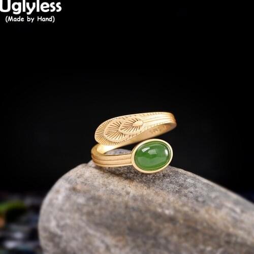 Uglyless Designer Peacock Feather Rings for Women Oval Natural Green Jade Open Rings Solid 925 Sterling Silver Vintage Jewelry