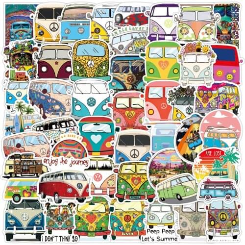 50Pcs Classic Retro Hippies Bus Cool JDM Graffiti Stickers For Car Laptop Luggage Skateboards Diary Stationery Decal Sticker