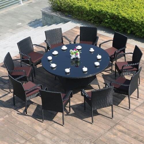11 pcs/set Metal frame and PE Rattan Patio Wicker Sectional table and chairs Garden 160cm round table for all weather