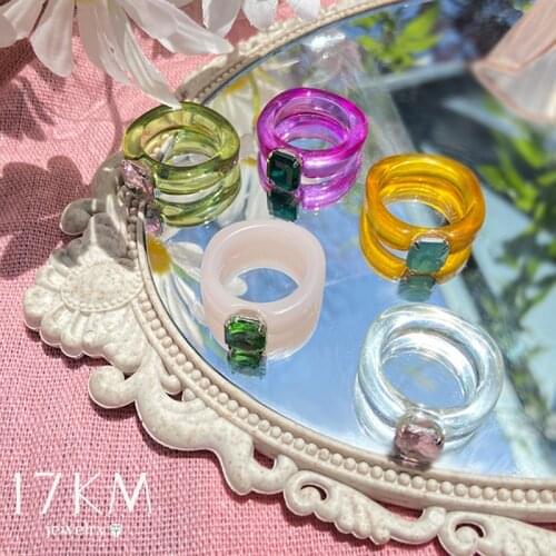 17KM Summer Colorful Transparent Acrylic Resin Rings for Women Korean Geometric Square Rhinestone Ring Jewelry Travel Gifts