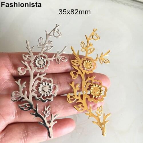 20 pcs/2 pcs Metal Stamping Flower Branch Pendant 35x82mm Gold Silver-color Filigree Charms For Jewel Headwear DIY -F