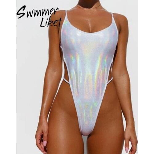 Brazilian bikini thong High cut swimwear women Holographic woman 2020 bodysuits one-piece swimsuit female String monokini new