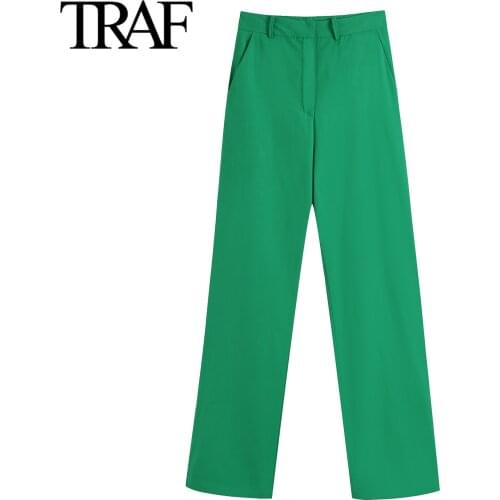 Traf Za Women Clothing 2021 Spring Autumn Zipper Wide Leg High Waist Pants Korean Fashion Chic Office Suit Trousers Flare Pants