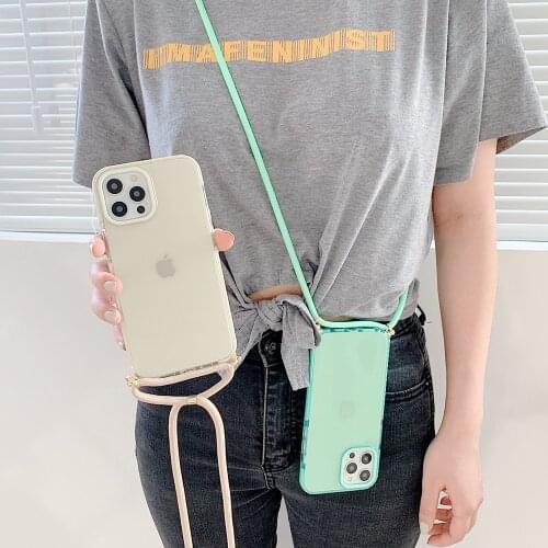 Free Hands Long Nylon Strap Phone Case For iPhone XS 11 12 Pro Max XR X 7 8 Plus SE Full Clear Soft TPU Shockproof Cover Shell