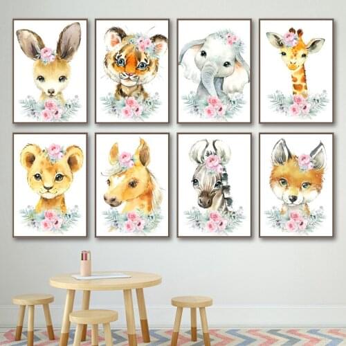 Flower Giraffe Elephant Zebra Rabbit Fox Nursery Wall Art Canvas Painting Posters And Prints Wall Pictures Baby Girl Room Decor