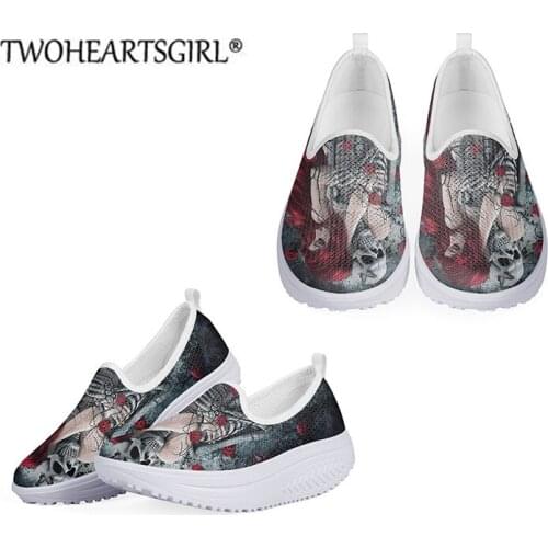 Womens Slimming Sneakers Platform Shoes Day of the Dead Design Slip-on Flats for Ladies Breathable Air Mesh Summer Swing Shoes