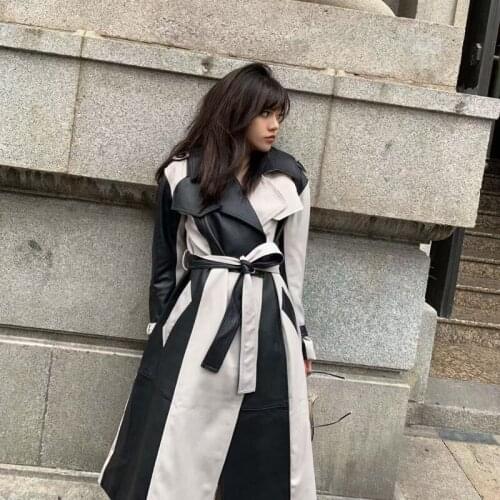 X-Long Length Spring Women Coat With Belt Black And White Spliced Genuine Leather Jacket Grid Style Turn-Down Collar Clothes