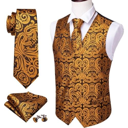 Men V-neck Suit Vests Gold Formal Waistcoat Paisley Necktie Cufflinks Handkerchief Set Silk Vests Gold Black SJ-2012 Dobby