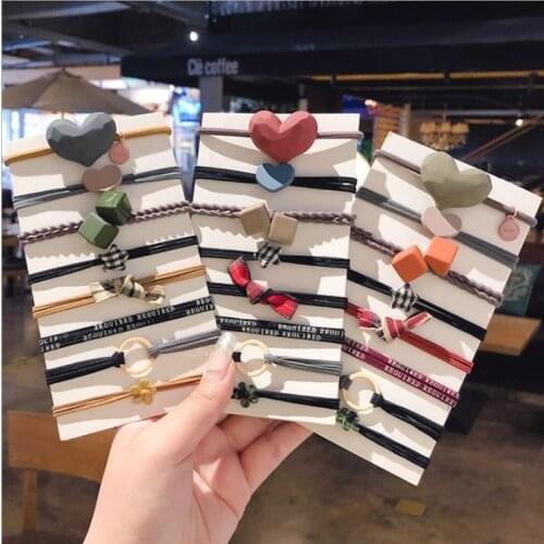 8Pcs Hair Ties Set Heart Cube Star Flower Hoop Basic Elastic Hair Bands For Girl Pink Knot Ropes Gum Scrunchy Hair Rubber Rings