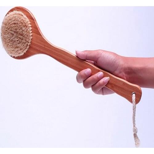 Natural Bristle Middle Long Handle Wooden Shower Body Bath Brush Round Head ss1745