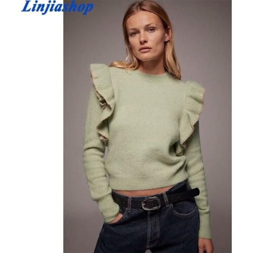 New Women Sweet Cascading Ruffle Solid Knitting Sweater Female O Neck Long Sleeve Casual Chic Pullovers Pleated Tops