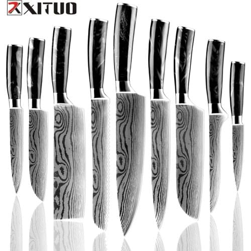 XITUO kitchen knives 1-9 Pcs Set Chef knives Laser Damascus pattern Sharp Santoku Cleaver Slicing Utility Fruit Knives Cooking