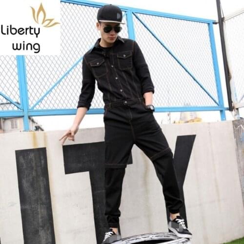 Autumn Men Casual Trousers Vintage Detachable Denim Overalls One-Piece Cargo Pants Slim Fit Jean Jumpsuit Black/Blue