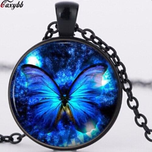 Blue Butterfly Pendant Necklace fashion vintage Glass pendant dome Cabochon Round Pendant steampunk necklace Jewelry