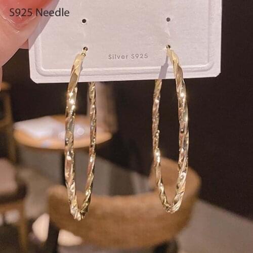 925 Sterling Silver Needle Hoop Earrings for Women Female Jewelry Gold Large Hoop Simple Fashion Female Earrings