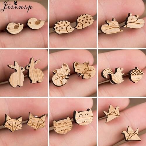 Bohemia Cute Wood Earrings for Women Kids Geometric Animal Cat Rabbit Fox Print Birds Stud Earring Piercing Jewelry 2021 New