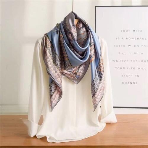 Pure silk scarf satin bright jewelry big size blue square scarf fashion seda foulard scarf winter shawls and wraps desigual za