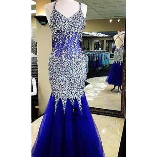 Vestido de Festa Royal Blue Silver Luxury Prom Dresses 2018 Crystals Backless Long Evening Party Dress Mermaid Abendkleider Boda