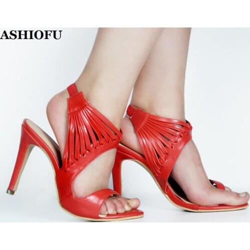 ASHIOFU Handmade Womens High Heel Sandals Slingback Party Prom Summer Shoes Daily Wear Casual Fashion Sandals Red Shoes XD279