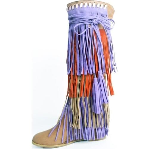 Mixed Colors Suede Fringed Knee High Boots For Women Round toe Height Increasing Woman Long Boots Big Size Tassel Boots